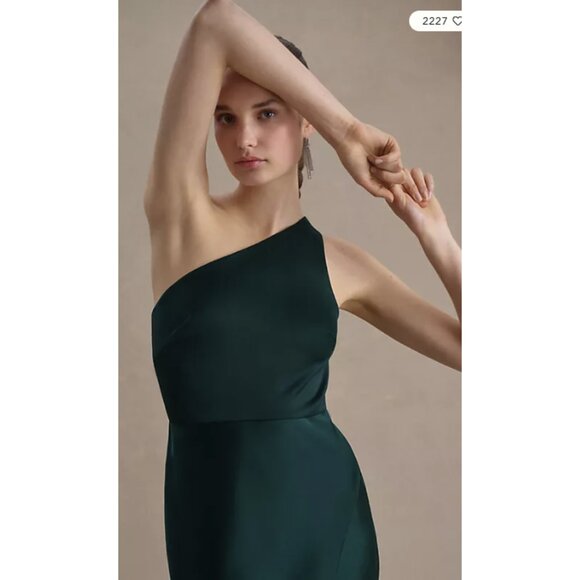 BHLDN Dylan One-Shoulder Satin Charmeuse Side-Slit Bridesmaid Gown Dark Emerald - Picture 3 of 16